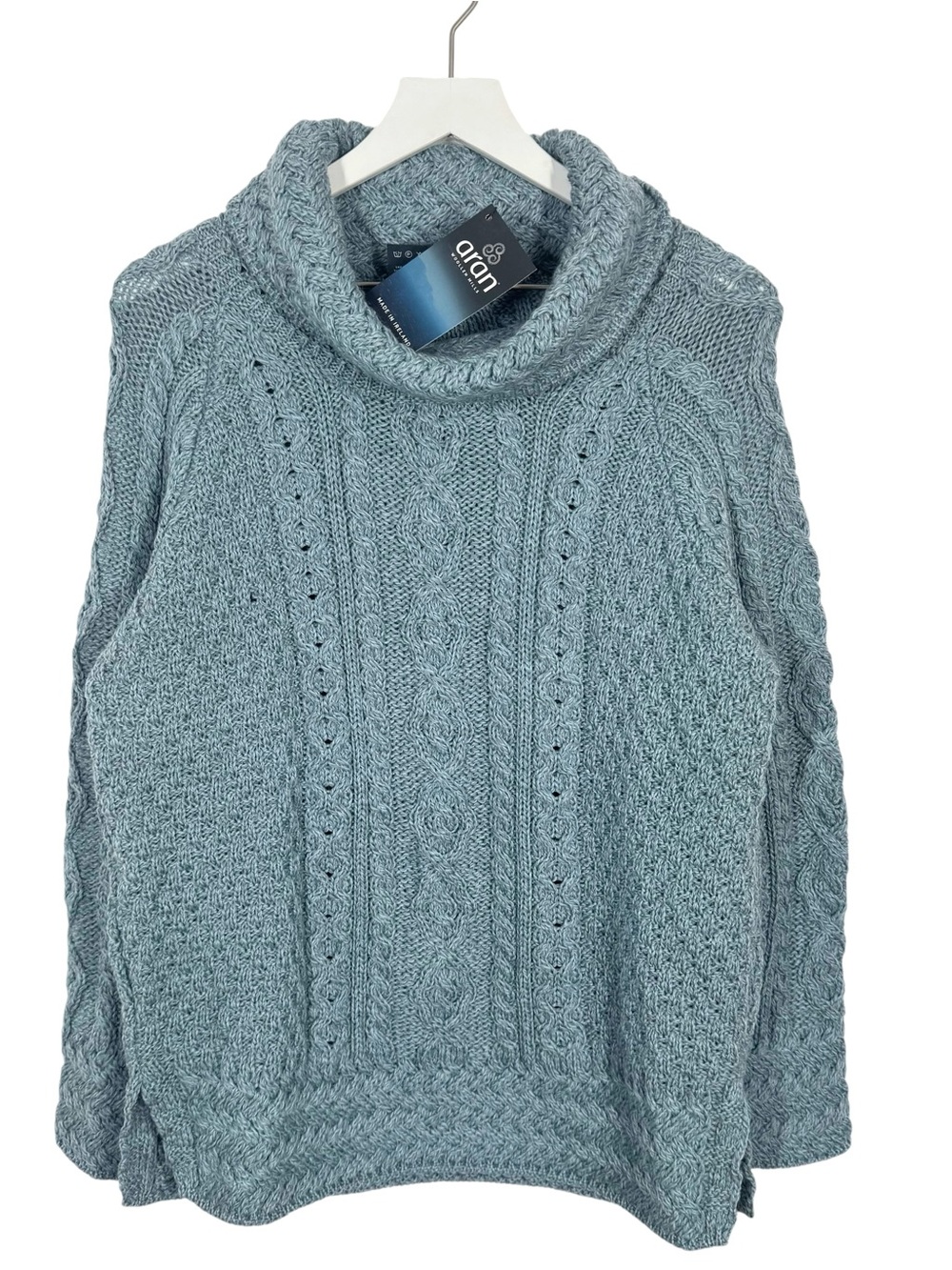 ARAN Crafts Cowl Neck Cable Knit Blue Tunic Sweater Thick Wool Women’s L NEW! - Picture 2 of 9